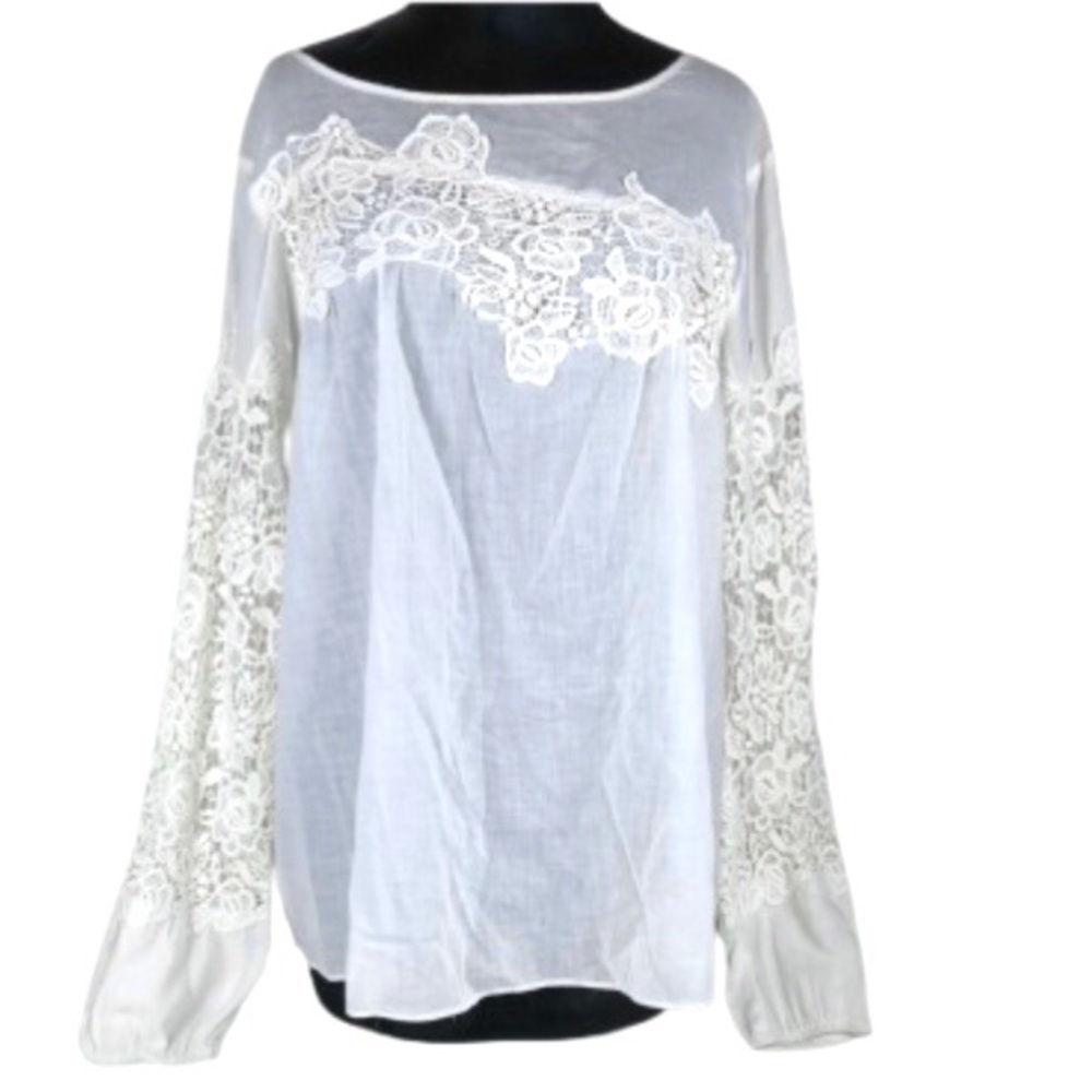 Sundance Blouse Sheer Lace Crochet Long Sleeves Bateau Neck Size Large